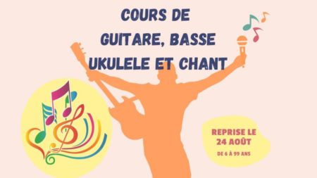 Affiche Cours de musique, guitare, chant, piano, ukulélé, personne avec des instruments de musiques et des notes.